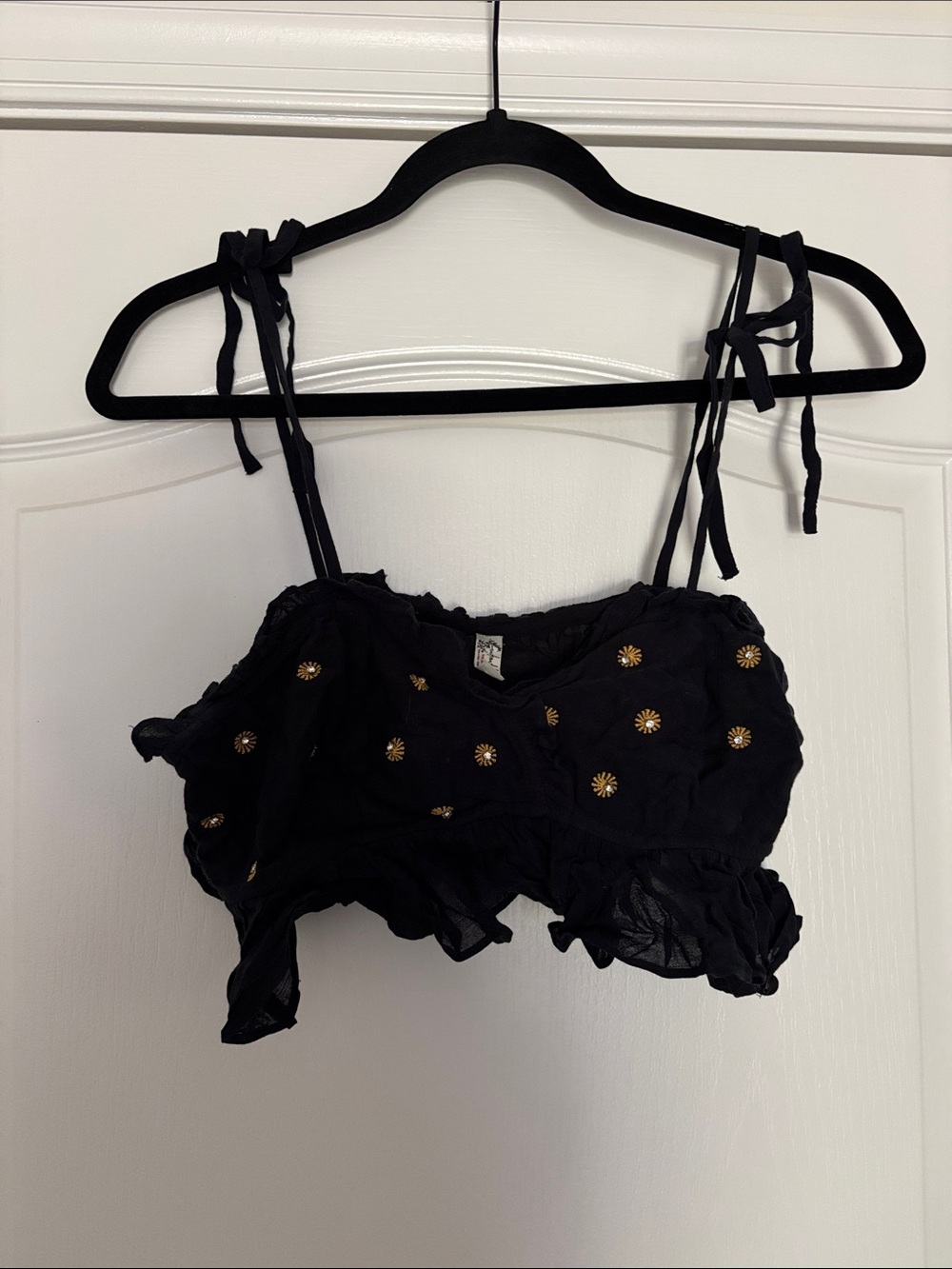 Free People Black Crop Top with Gold Daisy Embellishments